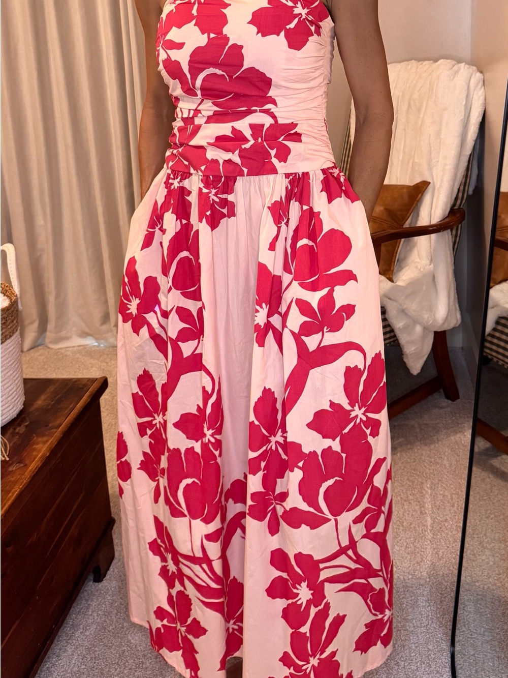 Strapless Pink Floral Maxi Dress with Ruched Bodice